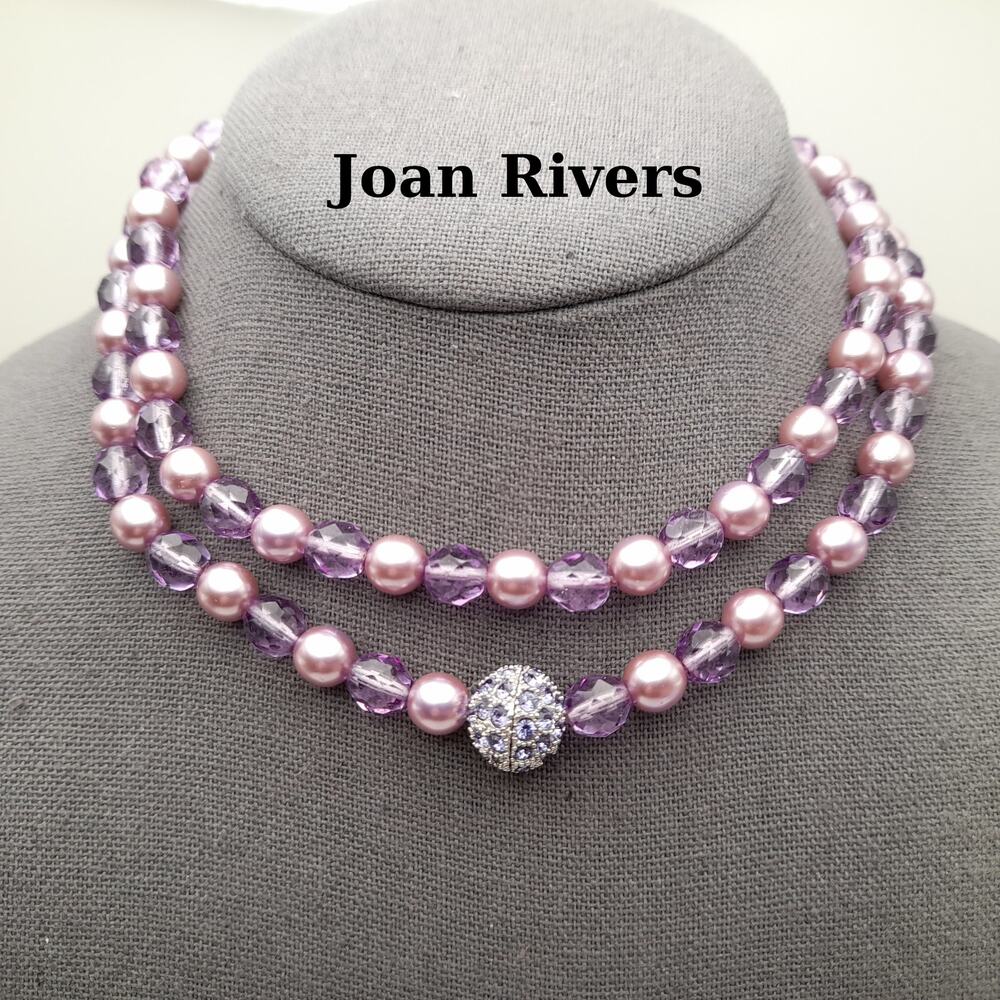 Vintage Joan Rivers Lavender Glass Pearls Crystal Beaded Necklace, Screw Clasp